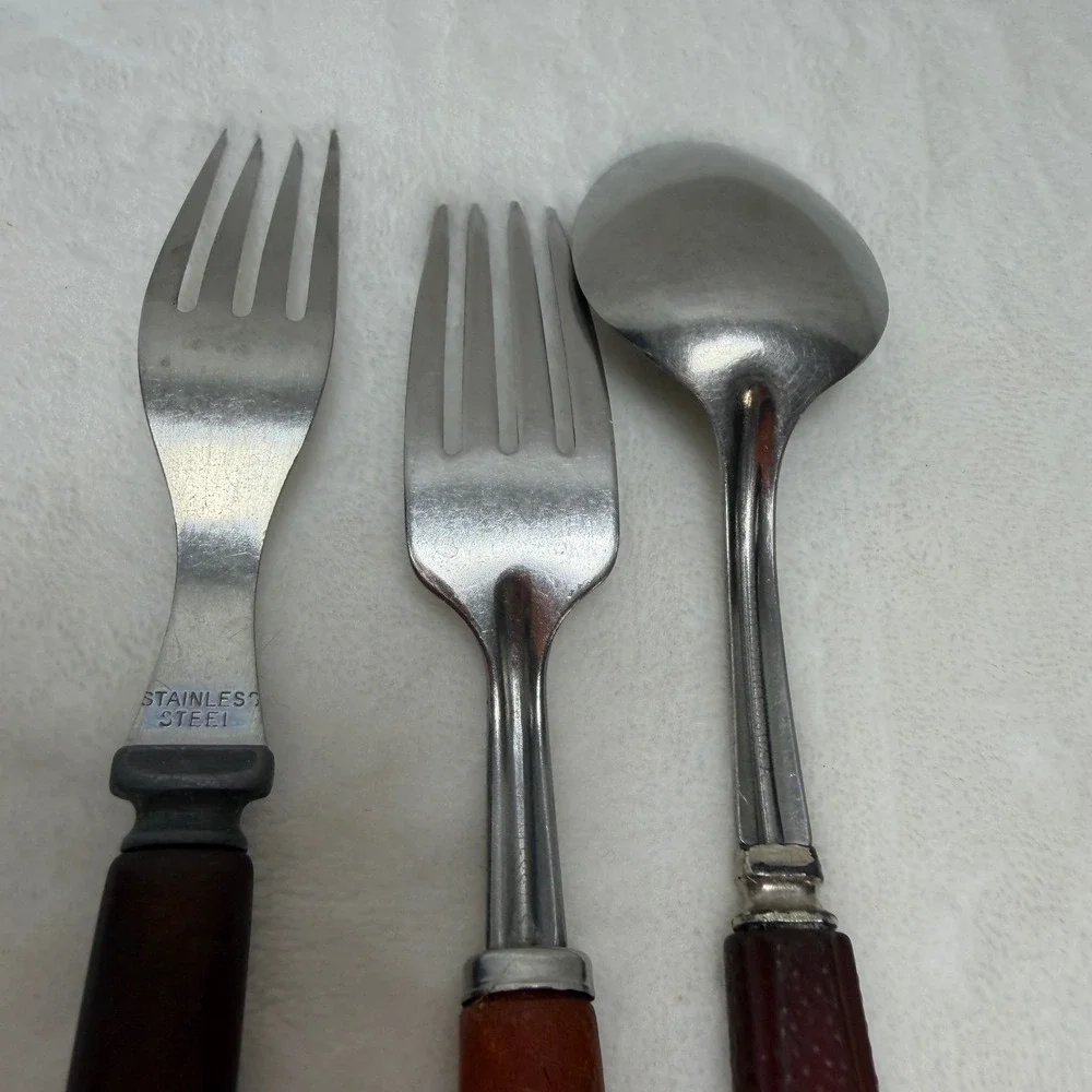 VTG Bakelite‎ Flatware Set 3pc Tapered Brown Orange Handles Forks Spoon *AS IS*